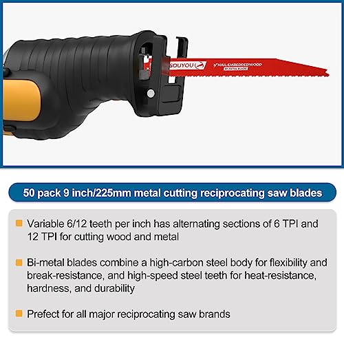 50 Pack 9 Inch 6/12 Tpi Reciprocating Saw Blades Bi-Metal Steel Demon with Perma-Shield Coating Stud and Reciprocating Saw Blades for Cutting Embedded Wood Metals PVC Pallets etc. - size: 9in 50Pack, style: 6/12 Tpi