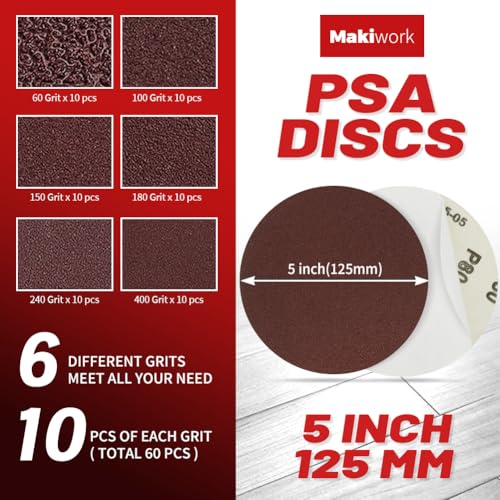 60 PCS 5 Inch PSA Sanding Discs, Assorted 60–400 Grit Aluminum Oxide Self Adhesive Sandpaper Discs for DA Sander, Automotive Paint Sanding, Woodworking & Metal Surface Prep - style: 5 in PSA discs