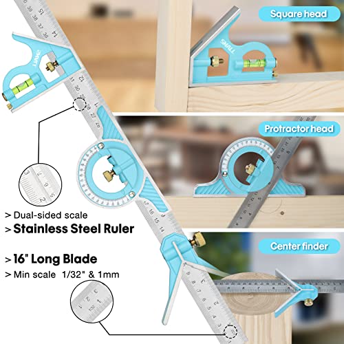 SHALL Rafter Square & Combination Square Tool Set, 7 Inch Aluminium-Alloy Carpenter Square & 16 Inch Zinc-Alloy Woodworking Framing Combo w/Stainless Steel Ruler, 2 Carpentry Pencils, Scriber