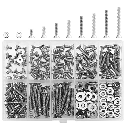 HELIFOUNER 250 Pieces #6-32 x 1/4" 5/16" 3/8" 1/2" 5/8" 3/4" 1" 1-1/4", Countersunk Head Socket Cap Screws Bolts Washers Nuts Kit, Coarse Thread, Fully Machine Threaded, 304 Stainless Steel - size: #6-32, style: Countersunk Head