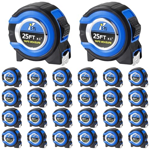 Youyole 24 Pack Tape Measure with Fractions 1/8 Steel Measuring Tape Retractable Easy Read Measurement Ruler Steel Power Blade (25 ft X 1 in,Blue) - color: Blue