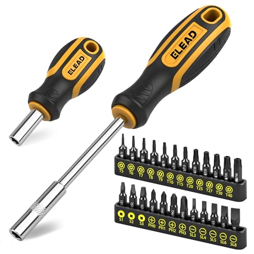 26-Piece Magnetic Security Torx Screwdriver Bit Set - 1/4 inch Magnetic Bit Driver, T5-T40, Ergonomic Cushion Grip 95mm & 210mm Handles, Torx, Square, Phillips, Slotted Bits - size: 26-Piece