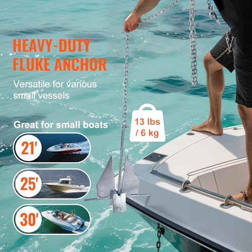 VEVOR Fluke Style Anchor Kit,Hot-Dipped Galvanized Steel Fluke Anchor with 7.9' Chain - size: 13 lbs