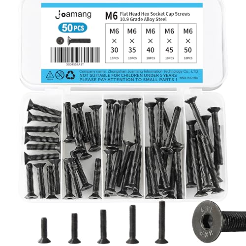 M6 x 30mm 35mm 40mm 45mm 50mm Flat Head Hex Socket Cap Screws Countersunk Bolts, 10.9 Grade Alloy Steel, Black Oxide Finish, Metric Allen Drive, Fully Threaded, Assortment Kit 50Pcs - size: M6 x 30/35/40/45/50 mm