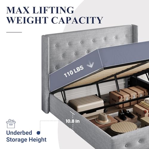 Allewie Full Size Lift Up Storage Button-Tufted Bed Frame Light Grey - color: Light Grey, size: Full, style: Traditional