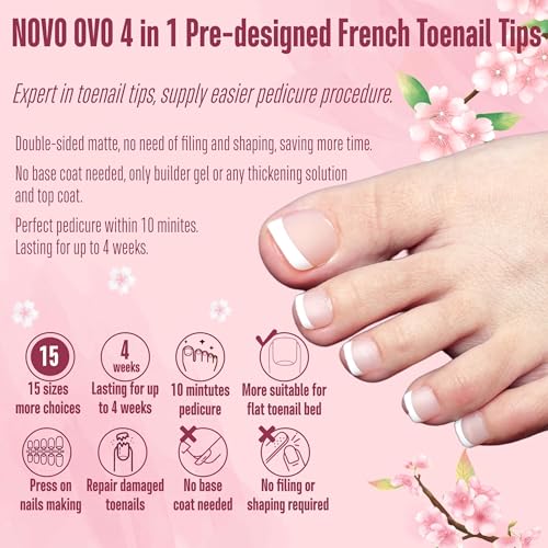 NOVO OVO Fake Toe Nail Tips Press on, French Tip Soft Gel Toenail Extension, BABY PINK Square Round Pre-applied Tip Primer & Base Coat, Full Cover Matte False Nails for DIY x 15 Sizes 360Pcs - color: Square Round French Tip Light Pink