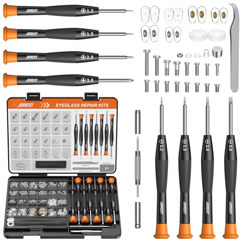 JOREST Eyeglass Repair Kit, Sunglasses/Glasses Repairing Tool including Small Screws, Nose Pads and Screwdrivers, Eyeglass Fixing Kit; Christmas gift for people who wear glasses(Men/Women Him/Her)