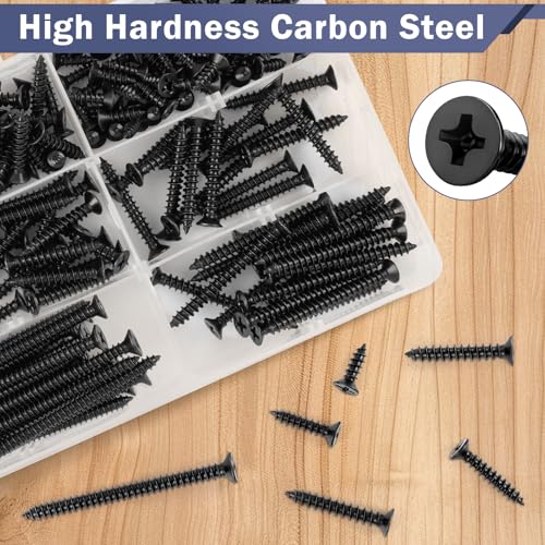 250Pcs Wood Screws Assortment Kit, #6#8 Black Screws, Cross Recessed Flat Head, Wood Screws, Assorted Screws, Screw Set (2", 1-1/2", 1-1/4", 1", 3/4", 5/8", 1/2")
