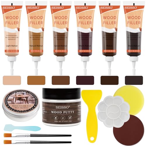 Wood Furniture Repair Kit, 6 Colors Wood Filler Hardwood Laminate Vinyl Floor Repair Kit, with Wood Putty, Wood Polish Wax for Hole, Scratch, Crack, Stain (Walnut Wood 15Pcs) - color: Walnut Wood 15 Pcs