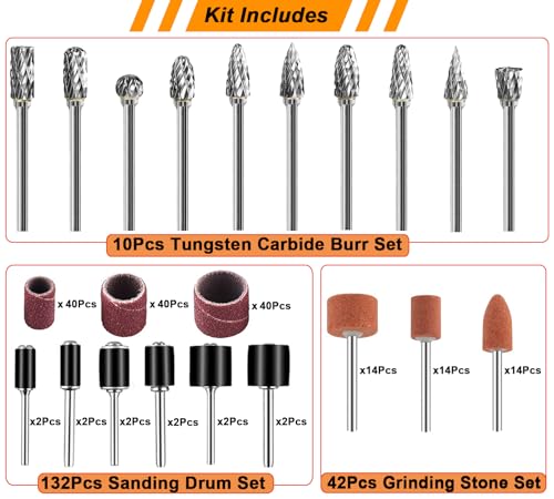 Tungsten Carbide Burr, Sanding Drums & Grinding Stone Set, 184 Pcs - size: 184 Pcs