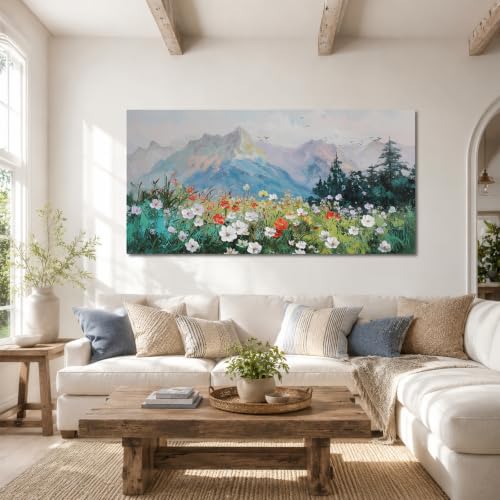 Ateliart Large Textured Wildflower Mountain Canvas Wall Art, 48 x 24 Inches | Textured wildflowers and misty mountains add fresh color and peaceful depth to living rooms, bedrooms, and dining spaces. - color: White wildflower, size: 48"L x 24"W