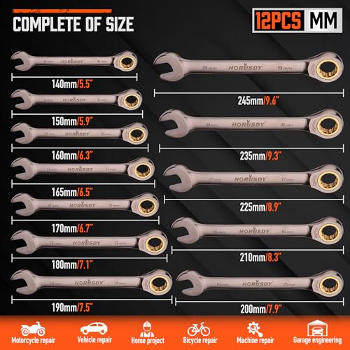 HORUSDY 12-Piece Metric Ratcheting Wrench Set | 8-19 mm | Ratchet Combination Wrenches Set with Organizer | 72-Teeth | Chrome Vanadium Steel - style: 12-Piece Metric Ratcheting - Basic