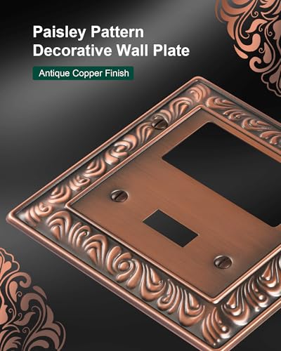 2-Pack Paisley Pattern Combo Toggle/Decorator Light Switch Cover Plate | Decorative Wall Outlet Cover Plate, Electrical Outlet Covers, Metal Wall Switch Plates and Outlet Covers, Antique Copper - color: Antique Copper, size: 1 Toggle/1 Decorator 2PK