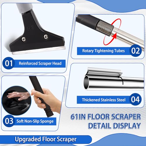 Floor Scraper Heavy Duty Long Handle,61in 4"Razor Blade Floor Scraper Adjustable with 10PCS Extra Metal Blades Paint Scraper for Cleaning Stickers Gum Glass Wall Tile Linoleum Stove Top