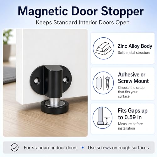 Magnetic Door Stopper 2 Pack Zinc Alloy Adhesive Screw Mount Black