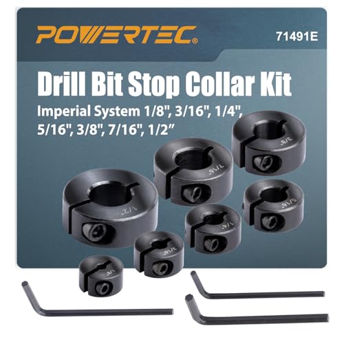 POWERTEC Drill Bit Stop Collar Set, 7 Piece Set Adjustable Drill Bit Depth Stopper with Allen Wrench, Bit Stop with Imperial System Size Markings - 1/8", 3/16", 1/4", 5/16", 3/8", 7/16", 1/2” (71491E) - style: 7PC Imperial Drill Stop Set (1/8"-1/2")