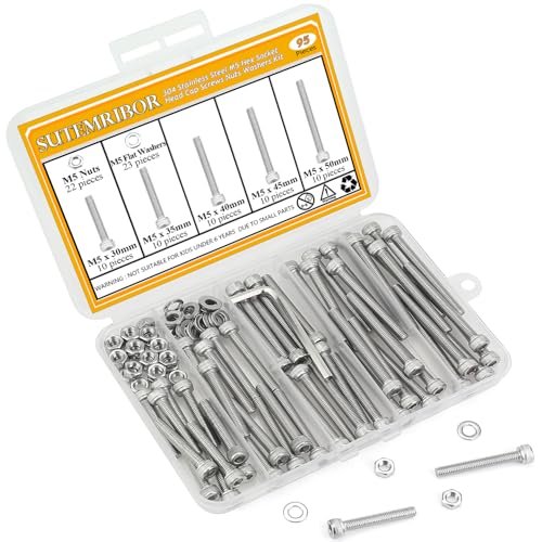 95 Pieces M5 x 30/35/40/45/50mm Hex Socket Head Cap Screws Nuts Washers Set Silver, Sutemribor M5 Long Screws, M5 Stainless Screws Nuts Washers Assortment Kit, 304 Stainless Steel, Fully Threaded - size: M5 Long Screws Kit, style: Socket Head