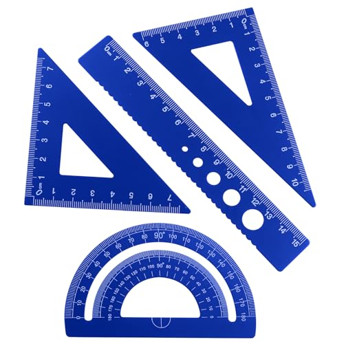 4 Pcs Triangular Ruler Set, Aluminum Alloy Geometry Tools, Metal Drafting Ruler for Students, Draftsmen, Engineers, School Office Supplies with Protractor & Metric Scales (Blue) - color: Blue