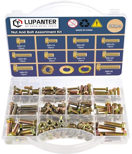 540 pcs Metric Bolt and Nut Set - M5/M6/M8 Class 8.8 Heavy Duty Hexagon Bolts and Nuts Assortment Kit with Yellow Zinc Plated Coating - size: M5/M6/M8