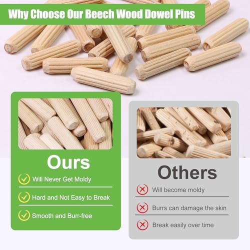 1/4" x 1" Wooden Dowel Pins, FoDau770 Fluted Wood Dowel Rods, Natural Beech Wood Dowel Pegs for Crafts, Woodworking, DIY Furniture - 200 Pieces - size: 1/4" x 1"