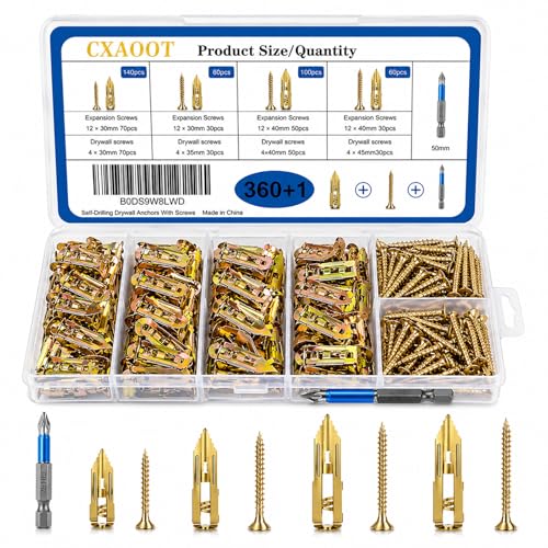 360PCS Self Drilling Drywall Anchors Heavy Duty, Self Drilling Drywall Anchors with Screws Kit, 4 Sizes Metal Dry Wall Anchors for Drywall Heavy Duty, Drywall Self Drilling Anchors with Screws