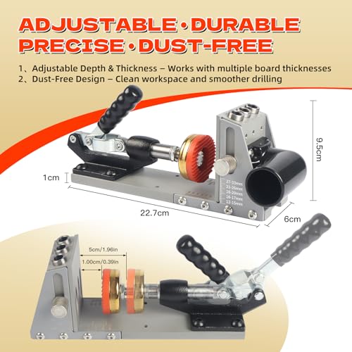 Pocket Hole Jig Kit with Vacuum Dust Collection, All-Metal Pocket Screw Jig with 3/8" Step Drill Bit, Depth Stop Collar, Adjustable Thickness for Woodworking Joinery, Cabinet Building