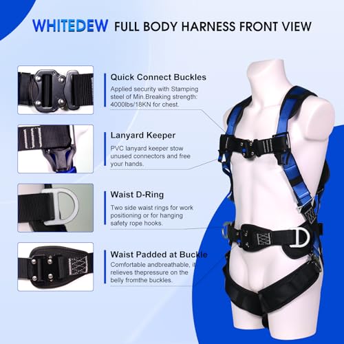 Fall Protection Premium Safety Harness with Shock Absorbing Lanyard, Vented & Padded Shoulder, Legs & Back - Upgrade 4 Quick Buckles (Blue) - color: Blue
