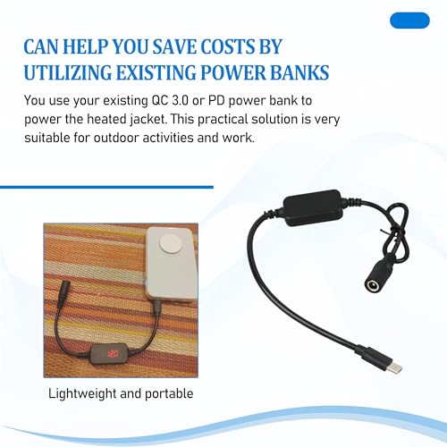12V Heated Jacket Step-Up Cable Type C to DC 5.5mm for Milwauk-ee M12 | Compatible with Snap-on, Metabo, Craftsman, M12, Makita, AEG 12V heated jackets, powers via Type-C power bank