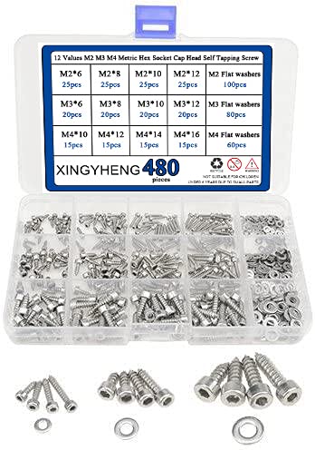 480Pcs 12 Values M2 M3 M4 Metric Hex Socket Cap Head Self Tapping Screw with Flat Gasket Washers Assortment Kit