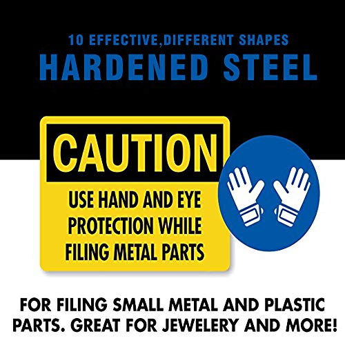 10Pcs Needle File Set- Hardened Alloy Steel, Mini Set Includes Tapered Round, Half Round, Barrette, Crossing, Knife, Warding, Square, Three Square
