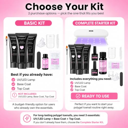 GlimightyX Polygel Toenail Kit, Clear White Pink with Toe Dual Nail Forms - color: 01-3 Colors Basic Polygel Toenail Kit