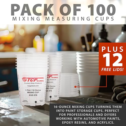Custom Shop Paint Mixing Cups, 16-Ounce, Box of 100, Plastic Measuring Cups - color: Cups - Box of 100 + 12 Lids