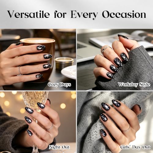 Beetles Black Cat Eye Press On Nails Short Almond, 32 PCS, White Polka Dots - color: 2B - Оnух Ring - S