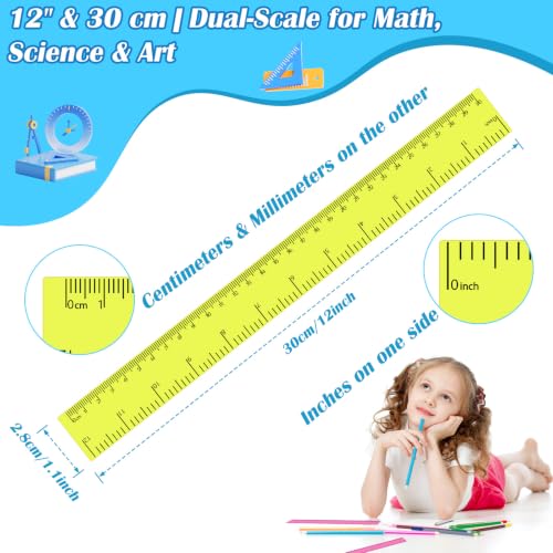 36 Pack 12" Clear Yellow Plastic Rulers, Back to School Measuring Supplies - color: Yellow