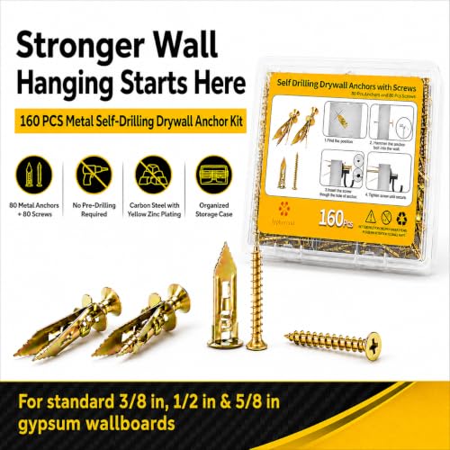 Jyphorixal 160 PCS Self Drilling Drywall Anchors with Screws Kit, Heavy Duty Metal Wall Anchors for Drywall, Sheetrock Anchors 0.47x1.18inch with Screws, No Drill Dry Wall Anchors and Screws Kit - size: 160Pcs 0.47X1.18inch