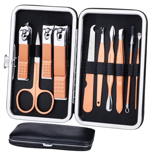 HANTEKAS Manicure Set 10 in 1 Stainless Steel, Nail Clippers Scissors Pedicure Tools Kit - Portable Travel Grooming Kit for Men and Women with Leather Case (Rose gold) - color: Rose Gold
