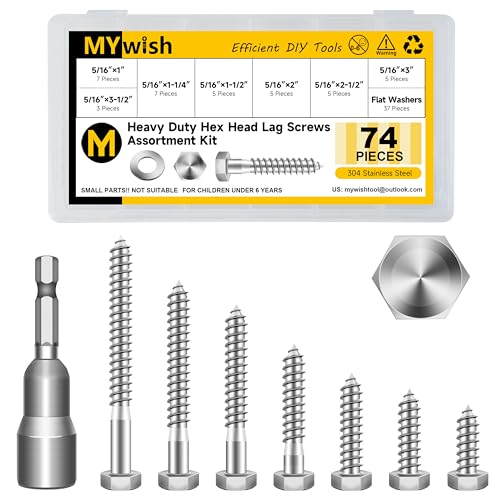 Mywish 5/16 Hex Head Lag Screws Assortment Kit, 74Pcs Heavy Duty Lag Bolts with Washers, 304 Stainless Steel Bolts 18-8 7-Size Wood Screws for Outdoor, Bright Finish 5/16 Bolt - size: 5/16 Assorted Kit