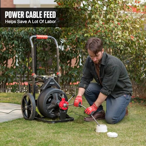 100 ft x 1/2 inch POPULO Auto Feed Electric Drain Snake Auger for 2 to 4 Inch Pipes, Sewer Plumbing Snake Auger, Heavy Duty Drain Cleaner Machine with 8 Cutters & 1 Root Killer & Gloves - style: 100ft x 1/2inch
