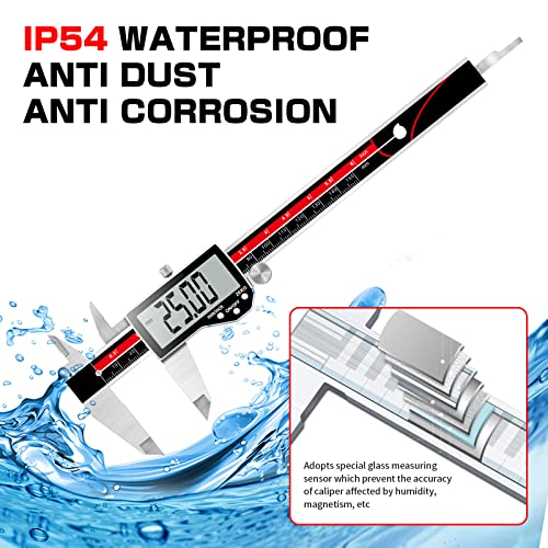 Qfun 6 Inch Digital Vernier Caliper Metal Metric Precision Measuring Tools | IP54 Waterproof ,Large LCD Screen & Auto-Off,Inch/Millimeter/Fraction Measurement Micrometer for Jewelry Engineer Carpenter