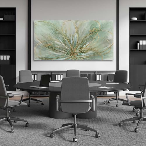 YJYart Abstract Wall Art Green and Gold Hand Painted Oil Painting Blossom Botanical Large Picture for Living Room Bedroom Kitchen Office 30x60 Inch - color: Green, size: 58"L x 29"W