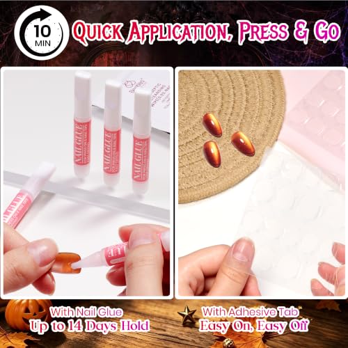 Beetles Cat Eye Press On Nails Short Almond, 32PCS, Pumpkin Spice Halloween - color: 3A - Burnt Caramel - S