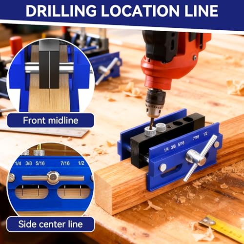 Self Centering Doweling Jig Kit, Drill Jig For Straight Holes Biscuit Joiner Set With 6 Drill Guide Bushings, Adjustable Width Drilling Guide Power Tool Accessory Jigs (L)