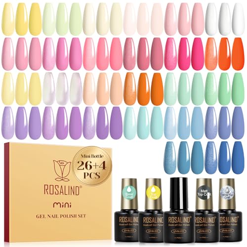 ROSALIND 30Pcs Gel Nail Polish Set, 26 Colors Macaron Pastel Gel Polish | with 3Pcs Glossy Matte Glitter Top Coat, Base Coat, Four Seasons Colors, Soak Off, UV Gel Nail Gift for Women - color: Multi-pastel