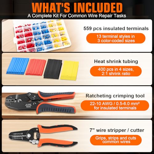 961PCS Insulated Terminal Connector Kit with Ratcheting Crimping Tool, 559PCS Wire Connectors, 400PCS Heat Shrink Tubing, 22-10 AWG, Wire Stripper Cutter - color: 961pcs