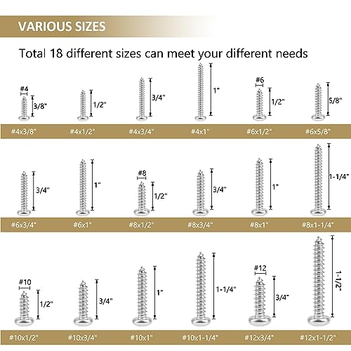 542 Pieces #4#6#8#10#12 Phillips Pan Head Self-Tapping Screws, Wood Screws Assortment Kit, 304 Stainless Steel - size: #4#6#8#10#12