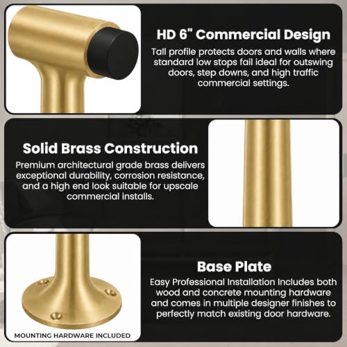 Heavy Duty 6″ Door Stop, Solid Brass Commercial Grade, Floor Mount Stopper (Satin Brass) - color: Satin Brass
