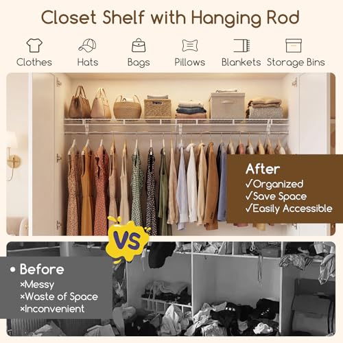 COSTWAY Closet Shelves Wall Mounted, Ventilated Shelf with Hanging Rod | Metal Wire Shelving Kit, Wire Wall Shelf for Laundry Room, Bedroom, Home, Mounting Accessories Included (6 ft x 12 in) - size: 6 ft x 12 in