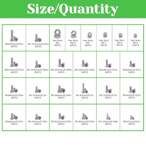 1240Pcs 304 Stainless Steel Metric Micro Screws Nuts Assortment, M1 M1.2 M1.4 M1.6 M1.7 M2 M2.5 M3 Sizes, Micro Phillips Head Pan Head Screws, Fully Threaded Kit for Arduino, RC Models, Electronics - size: M1/1.2/1.4/1.6/1.7/2/2.5/3-1240Pcs