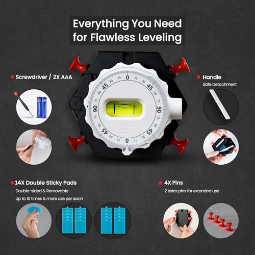 ZANIS Multi Surface Laser Level – Wall-Mountable with Pins, Screws, or Sticky Pads – Dual Dials with Bubble Level – Precision Tool for Hanging Pictures, Shelves, and DIY Projects
