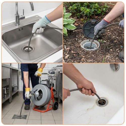 50ft x 1/2" Auto-Feed Drain Snake Cleaning Machine - 450W Electric Sewer Auger with 4 Cutters & Wheels for Sink, Toilet, Floor Drain
